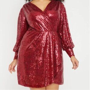 Red Sequin Faux Wrap Puff Sleeve Dress